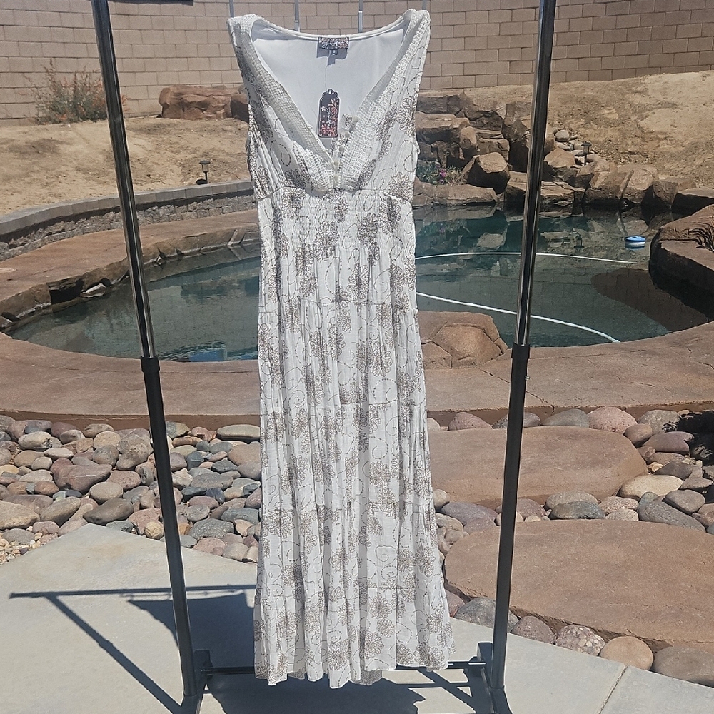Elegant Beige and Brown Patterned Dress